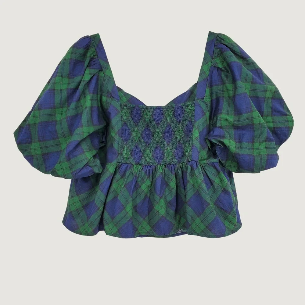 Old Navy Womens 4X Blue Green Plaid Puff Sleeve Peplum Smocked Top 100% Cotton